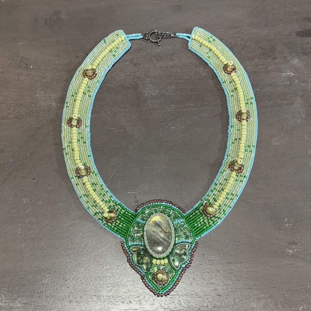 Green Labradorite Bead Embroidered Statement Necklace